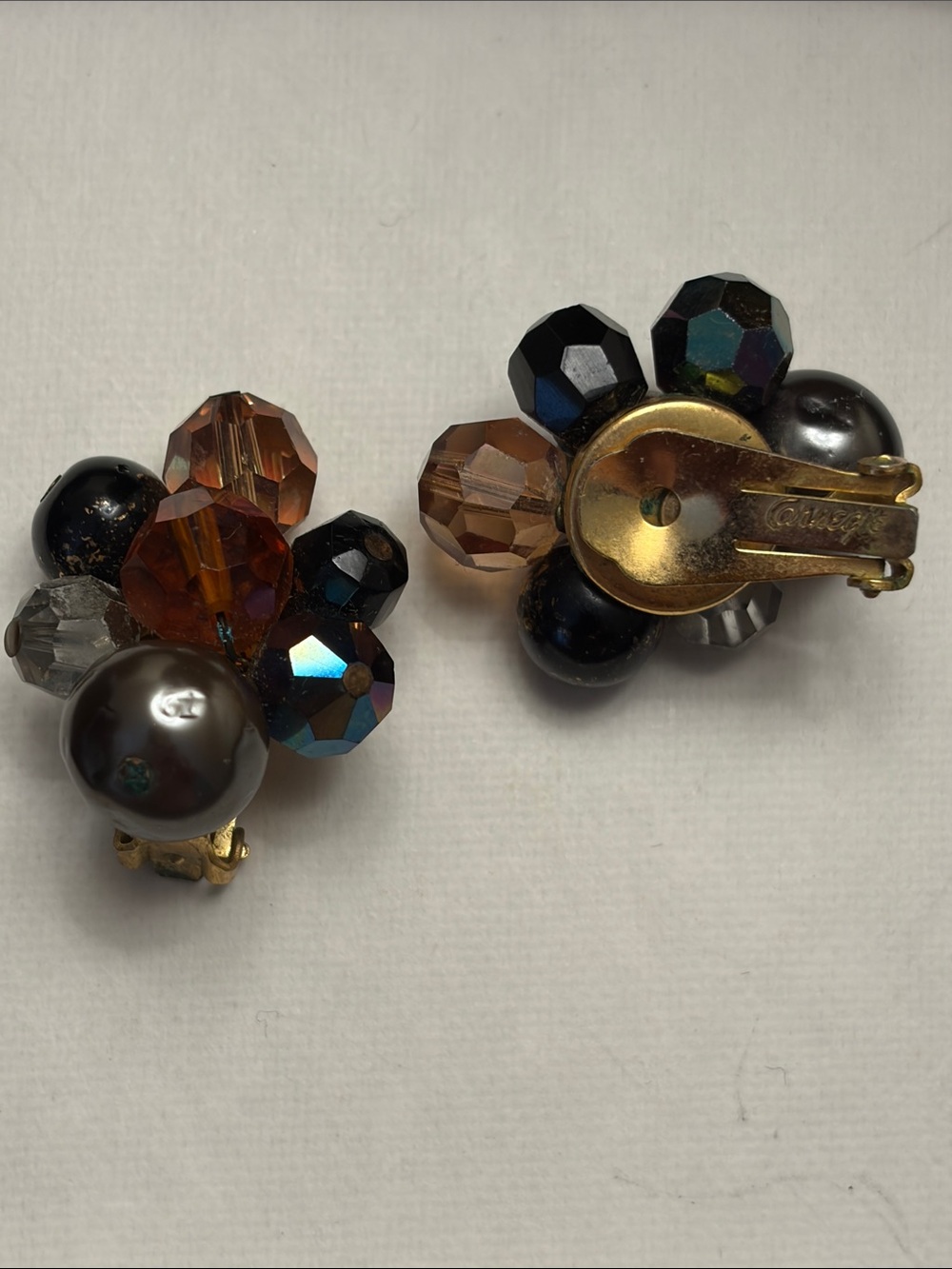 Vintage Hattie Carnegie Signed Beaded Cluster Clip On Earrings 1950s
